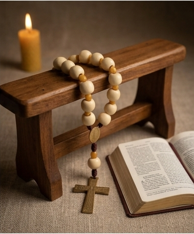 Denario de Oración Emaús – Madera y Acero Dorado